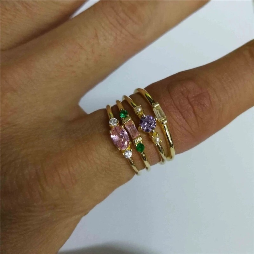 4 Piece Gold Gemstone Midi Rings Set - Picture 2 of 4